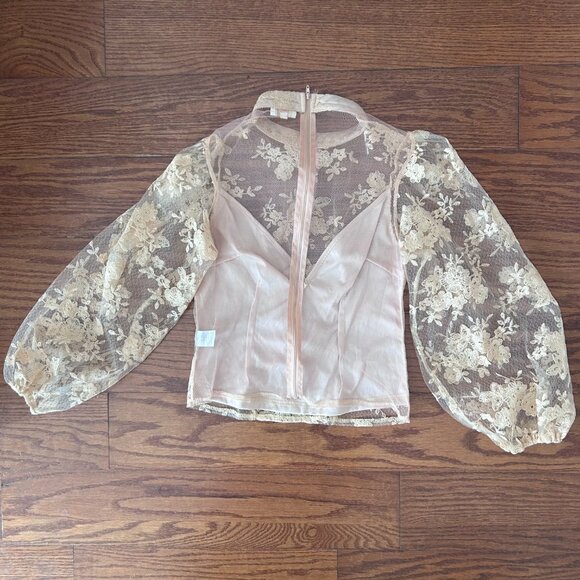 Sheer Mock Neck Long Sleeve Peach Floral Lace Top Built-in Cami Size Medium - Picture 11 of 14